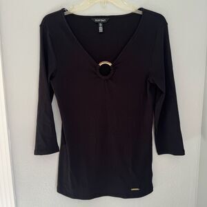 Ellen Tracy Women's Small Black Long Sleeve 100% Cotton Shirt with Gold Accents